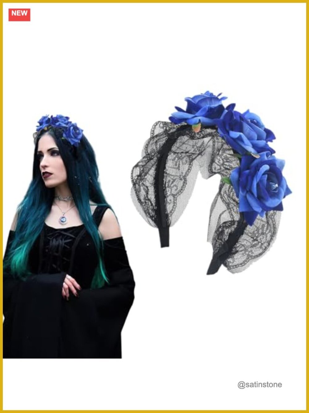Black Lace Blue Rose Flower Headband for Women Halloween Cosplay Hair Accessory